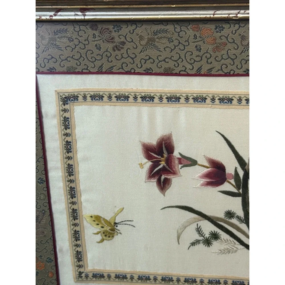 Vintage Framed Silk Embroidery Floral Butterfly Chinoiserie Wall Art 13x12